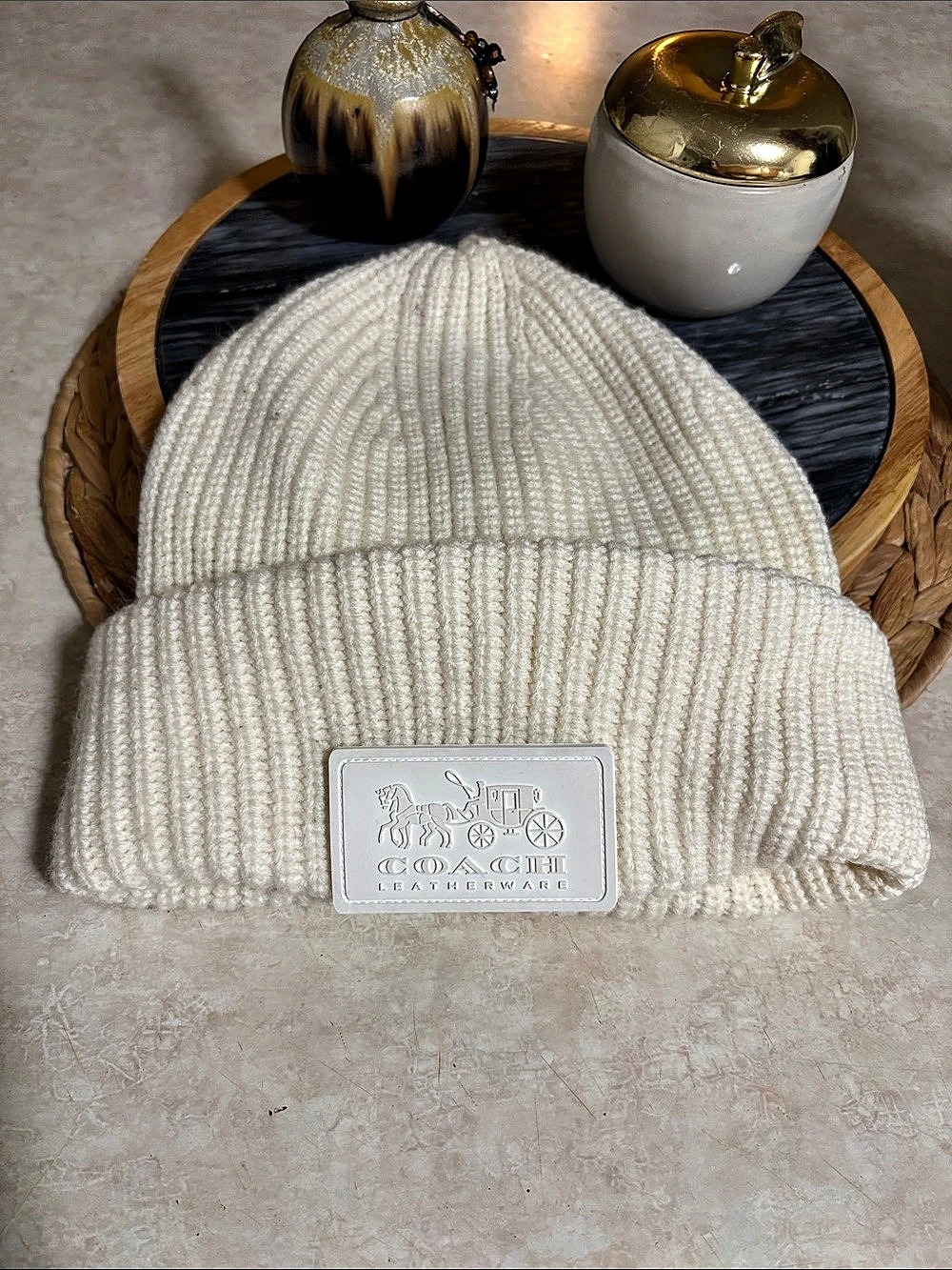 Coach Classic Ribbed Tonal Patch Cuff Beanie Cream